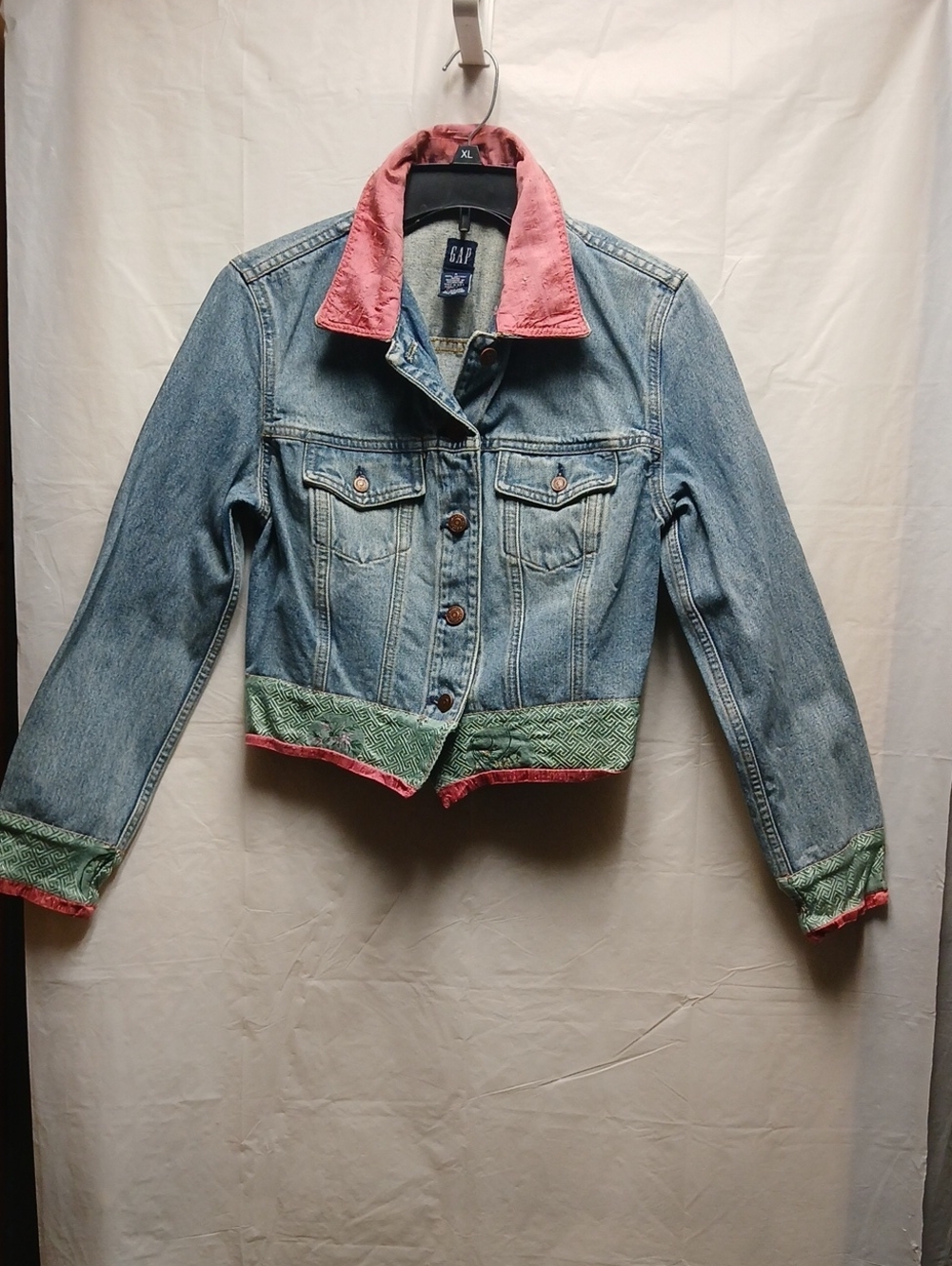 GAP Light Blue Denim Jacket with Pink Collar and Green Trim